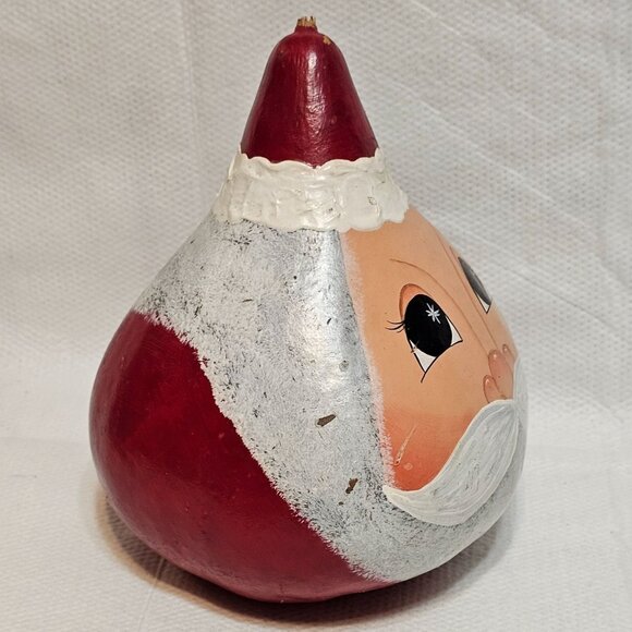 Hand Painted Whimsical Folk Art Christmas Santa Face Gourd Red 8” Tall x 7” Wide - Picture 5 of 13